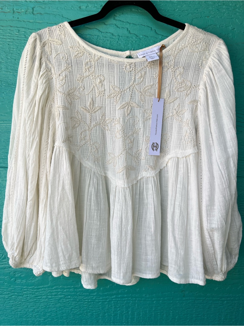 House of Harlow 1960 Embroidered Cotton Peasant Baby Doll Blouse SZ XL NWT Ivory